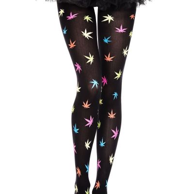 Music Legs Rainbow Pot Leaf 420 Print Black Pantyhose Tights